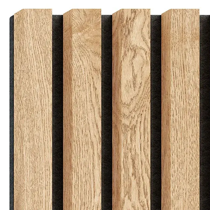 Close-up of decorative oak-veneer slats on a black felt backing.